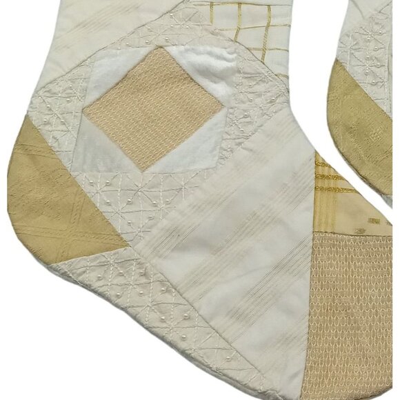 Handmade Christmas Stockings Patchwork Silk & Cotton 2-Pack Beige, Gold & Cream - Picture 3 of 7